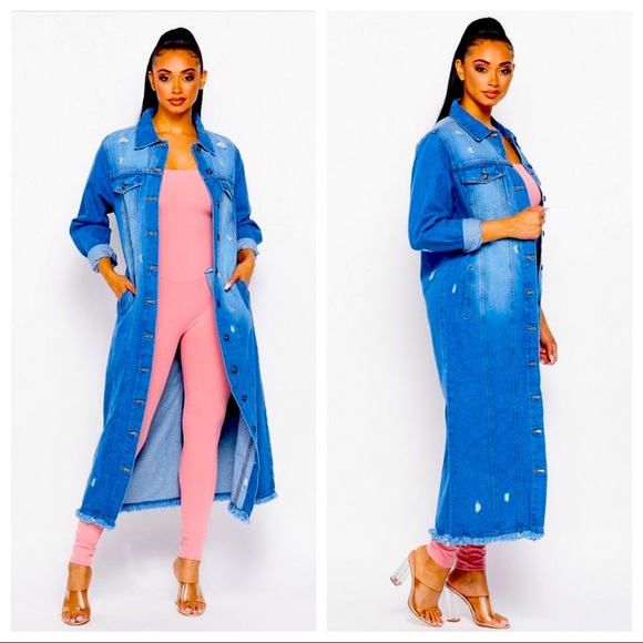 NEW FALL TRENDY JEAN BUTTON DOWN MEDIUM DENIM LONG TRENCH COAT JACKET - Picture 2 of 6